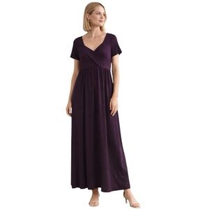 eShakti Plum Wrap Bodice Maxi Dress Cotton Spandex Empire Waist M W/ Pockets
